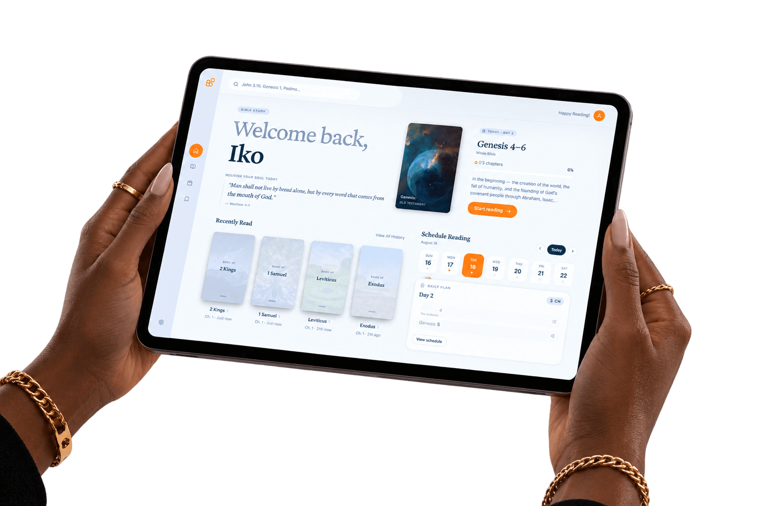The Bible Trove home screen on a tablet, showing today's reading and recent books